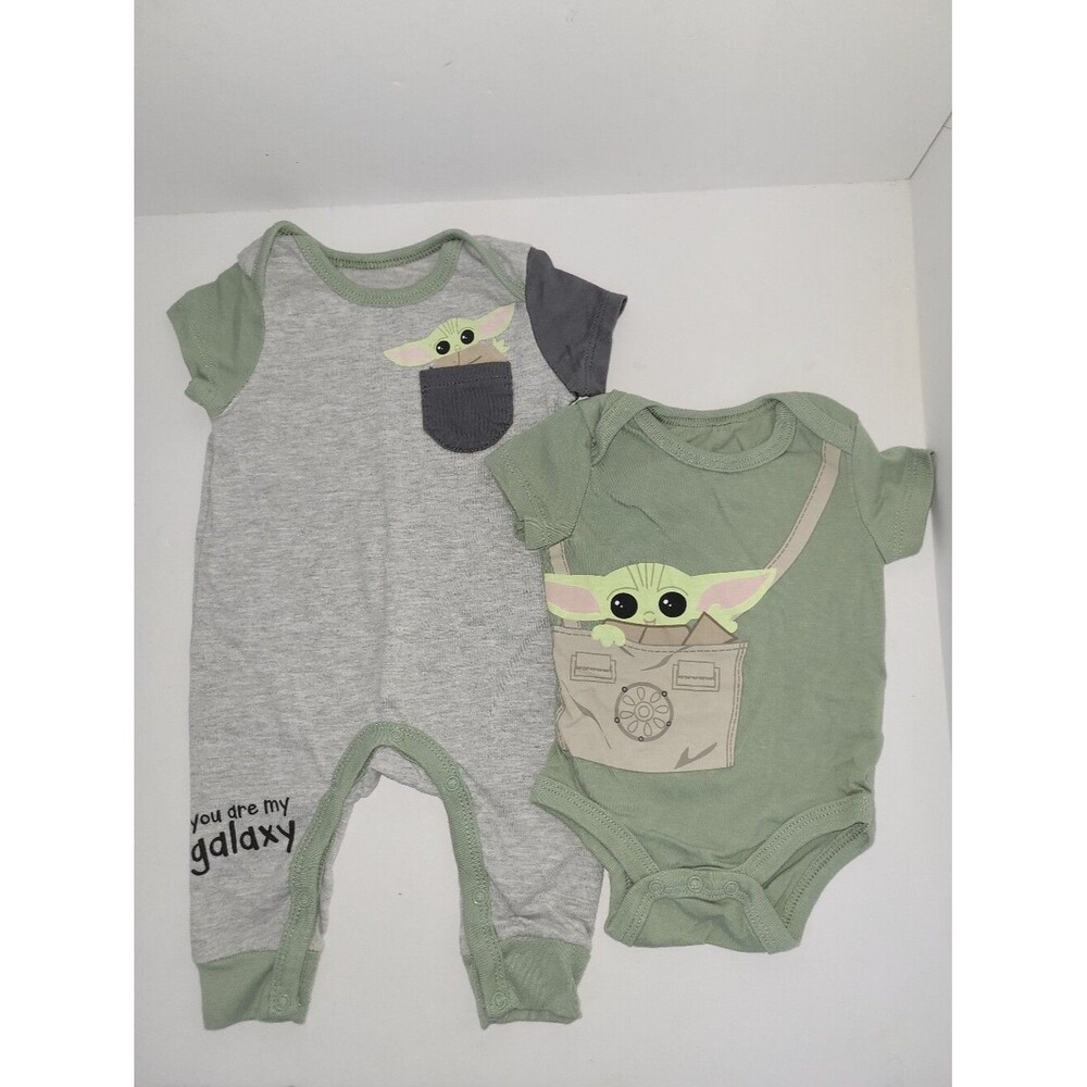 Star Wars Size 0-3 Months Green Baby Yoda Grogu Romper & Onesie Bundle